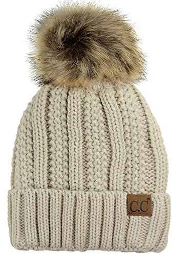 C.C Damen thick cable knit faux fuzzy-pelz-pom mit fleece-futter-schädel-kappe cuff beanie einheitsgröße elfenbein