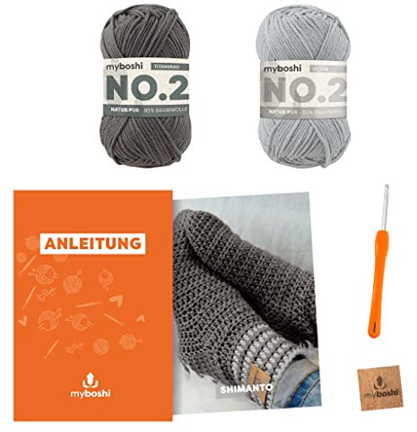 myboshi Häkelset Socken Shimanto, Häkelset für Anfänger, inkl. No.2 Wolle, Häkelnadel und Anleitung, Label, Häkelpaket, 85% Baumwolle, 15% Kapok Grau, mit Häkelnadel