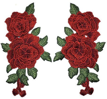 Bluelans® 2pcs Embroidered Rose Flower Patch Iron/Sew on Applique Motif Craft (Red)