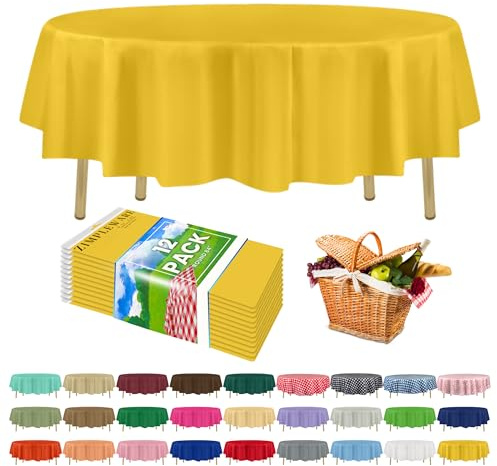 Zimpleware Disposable Premium Plastic Tablecloth, Round, 213.4 cm, Party Tablecloths, Perfect Tablecloth, Round Cover for Any Table up to 1.8 m, Yellow, Pack of 12