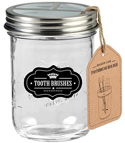 Mason Jar Toothbrush Holder - Brushed Nickel - with 16 Ounce Ball Mason Jar,Premium Rustproof 304 Stainless Steel Lid and Chalkboard Labels - Rustic Farmhouse Decor Black Bathroom Accessories