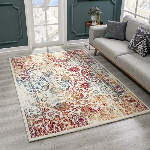 SANAT Teppich Vintage - Modern Teppiche für Wohnzimmer, Kurzflor Teppich in Rot/Gelb/Blau, Öko-Tex 100 Zertifiziert, Größe: 120x170 cm
