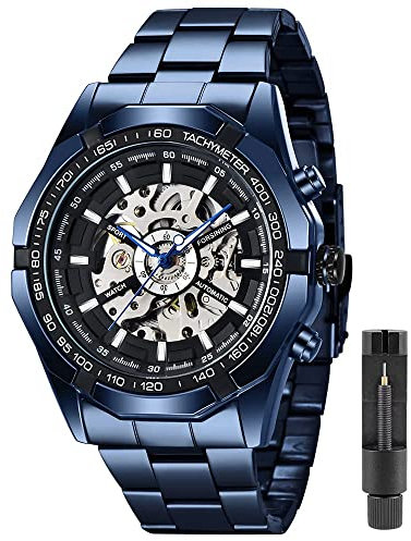 Tiong Herren Mechanische Uhr Edelstahl Herren Leuchtende Handuhr Skelett Römische Ziffern Wasserdicht Mechanische Uhr, S101-blau, Mechanisch