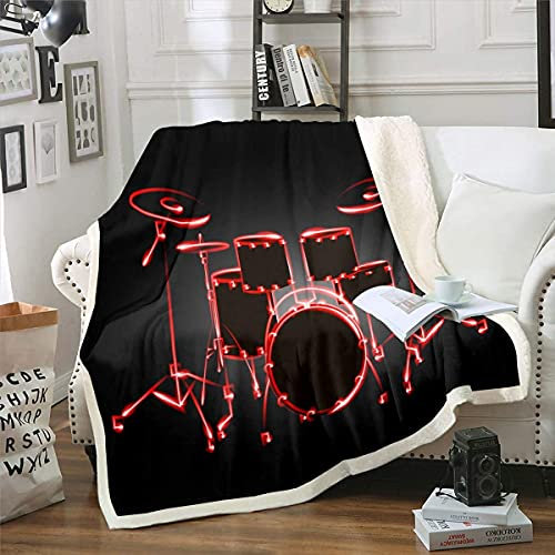 Homemissing Drum Kit Drucken Warm Flanell Fleecedecke Rockmusik ThemanDecke 220x240cm Rot Schwarz Musikalisches Muster Kuscheldecke für Sofa Couch Schlafzimmer Dekor Instrumente Drucken Wohndecke