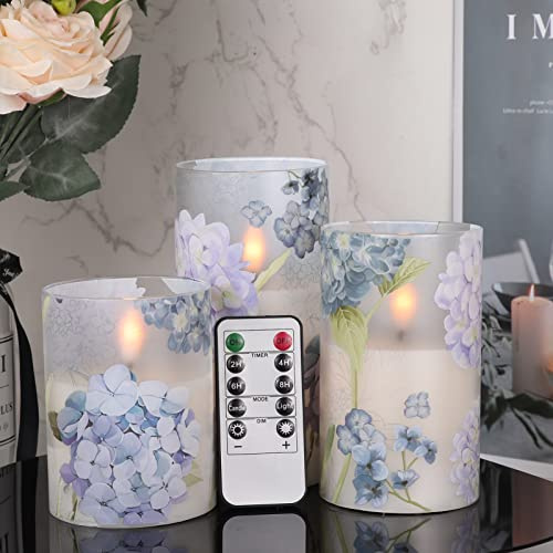 DRomance Hydrangea Glass Flameless Candles with Remote Timer Battery Operated LED Flickering Pillar Candles Real Wax Spring Dinner Christmas Holiday Decor D3 x H4, 5, 6