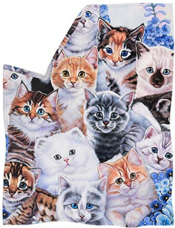 HUGS IDEA Couverture polaire pour la maison ou le bureau, motif chat et lilas façon peinture à l'huile, bleu, taille L