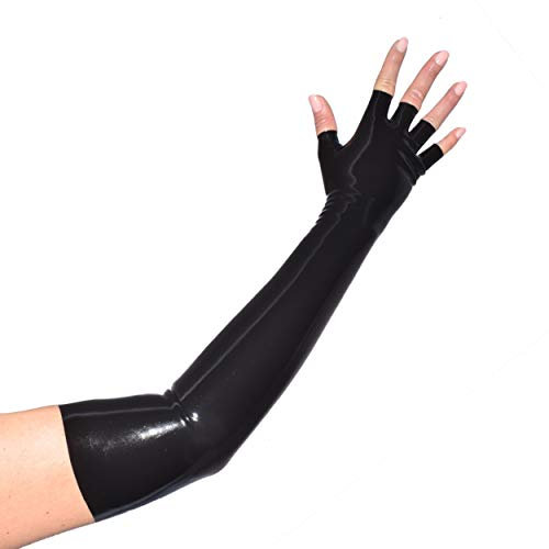 Rubberfashion Long Latex Gloves - Fingerless Latex Gloves - Long Rubber Gloves to Upper Arm for Women and Men Black 0.4mm S/glove size: 7