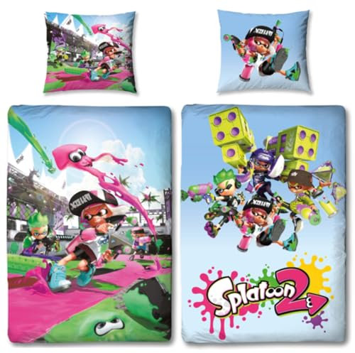 Splatoon 2 Wende-Bettwäsche Group 135 x 200 cm + 80 x 80 cm 100% Baumwolle Renforcé-Linon-Qualität Kinderbettwäsche Inklings Octolings Splatsville Octo Expansion Switch 2 Motive Reißverschluss