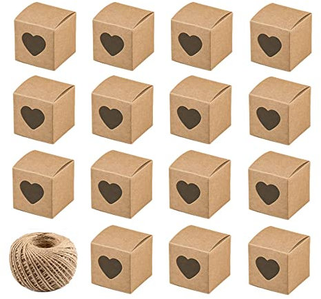 Niaciswe Kleine Schachteln 50 Stück Pralinenschachtel Leer zum Befüllen Geschenkbox Kraftpapier mit Herz Geschenkbox Klein Karton Verpackungskartons Faltschachteln Geschenkschachtel mit Hanfseil