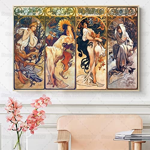 Alphonse Mucha Vier Jahreszeiten Leinwand Gemälde Frühling Sommer Herbst Winter Romantisches Poster Wandkunst Dekor Wandkunst Bilder 70x100cm Rahmenlos