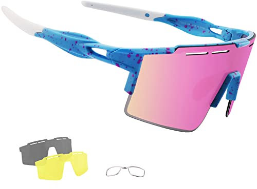 OULIQI Fahrradbrille Polarisierte Sonnenbrille, Sportbrillen Herren Damen TR90 Unbreakable mtb,UV400 Schutzbrille Sportbrille mit 3 Wechselgläser für Radfahren Laufen Golf Baseball (pink)