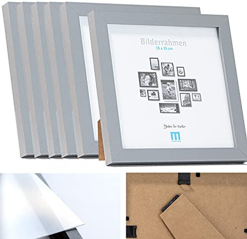 6 Stk. Bilderrahmen 15x15cm in grau aus MDF, minimalistisch & modern für Fotos & Bilder. Inkl. Acrylglasschutz. Eignet sich als Tisch-Aufsteller und für die Wand, Hochformat oder Querformat.
