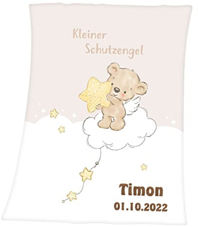 Wolimbo Babydecke mit Namen personalisiert - Motiv Kleiner Schutzengel - Besticktes Geschenk für Mädchen und Junge