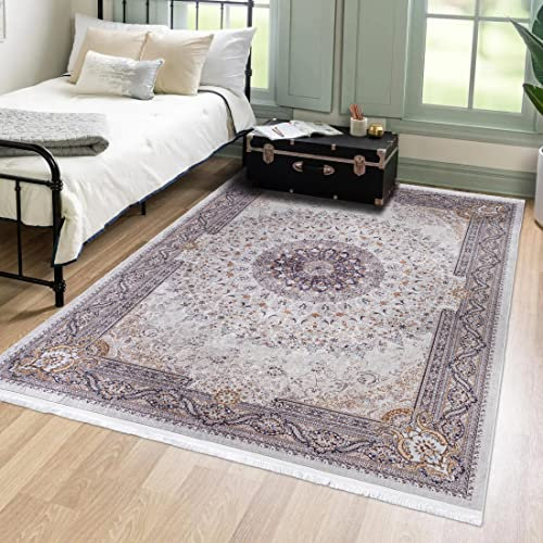 Mazovia Orientalisch Vintage Teppich - Kurzflor Waschbar - Weich Traditioneller Teppich für Wohnzimmer, Schlafzimmer, Esszimmer – Oriental Teppiche - Beige Creme 140 x 200 cm