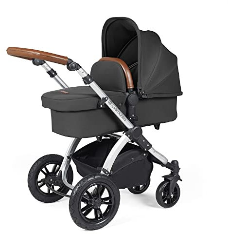 Ickle Bubba Stomp Luxe 12-Piece Travel System with i-Size Stratus Car Seat & ISOFIX Base – All-Terrain Pram, Pushchair, Carrycot, Footwarmer & Rain Cover, Birth to 4 Years* (Silver/Charcoal Grey/Tan)