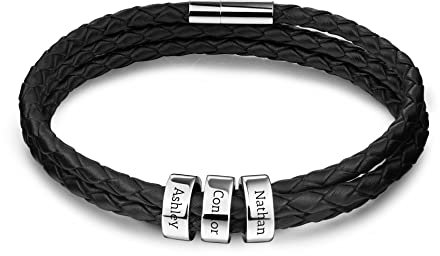 OTXIXTO Bracelet Cuir avec Personnalisé Nom Anneaux Boucle Magnétique Cadeau de ID Bracelet pour Lui Homme Papa Petit Ami Grand-père Mari S3