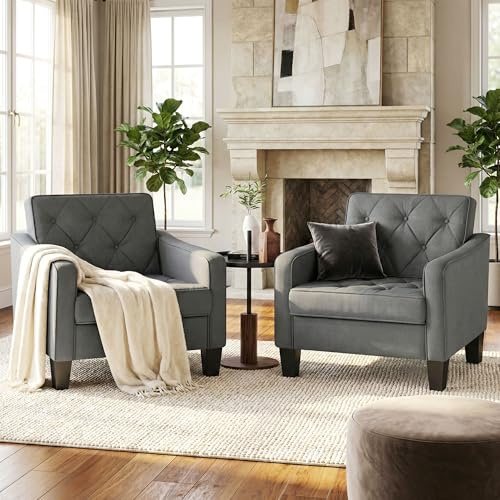 STHOUYN Living Room Chairs Grey Accent Chairs Set of 2, Waiting Room Arm Chairs, Reading Chairs for Bedroom Comfy Club Chair Tufted, Office Small Space (2, Grey)