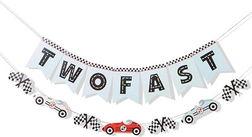 Two Fast Banner - Race Car Birthday Decorations, Vintage Racing Car Banner, 2nd Birthday Cake Smash