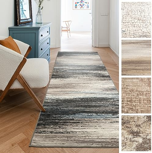 KARAT Teppich Läufer für Küche, Flur & Wohnraum Küchenläufer - Rutschfester Moderner Flurteppich für Wohnzimmer & Schlafzimmer - Meterware - 80 x 450 cm, Braun Beige Grau Muster, Archway