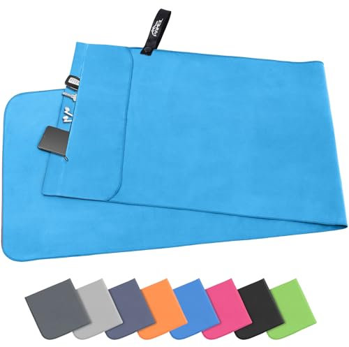 Pameil Microfaser Handtücher |120x50cm| Fitness Handtuch mit Reißverschluss, Kompakte & Schnelltrocknend Sporthandtuch, Strandhandtuch, Mikrofaser Badetuch (Blau)