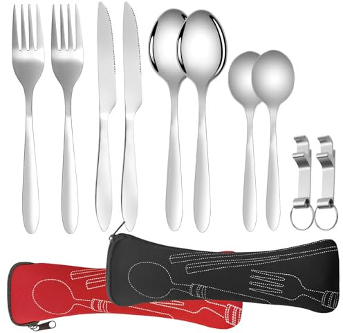 Eurtes Ensemble de Couverts, 10 Pièces Couverts en Acier Inoxydable Couverts Reutilisable, Ensemble de Couverts Transportables, Couverts Poli Miroir Portable avec Sac de Rangement pour Camping Voyage