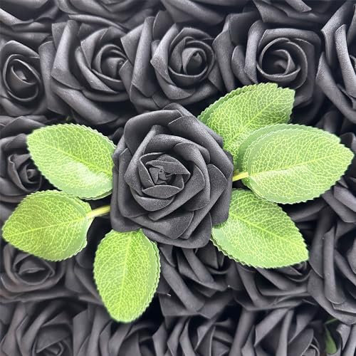 SECALIFE 25 Pieces Black Roses Artificial Flowers, Real Touch Foam Rose Fake Roses Bulk with Stem DIY Craft Flowers for Wedding Bridal Bouquets Centerpieces Arrangement Party Home Decorations