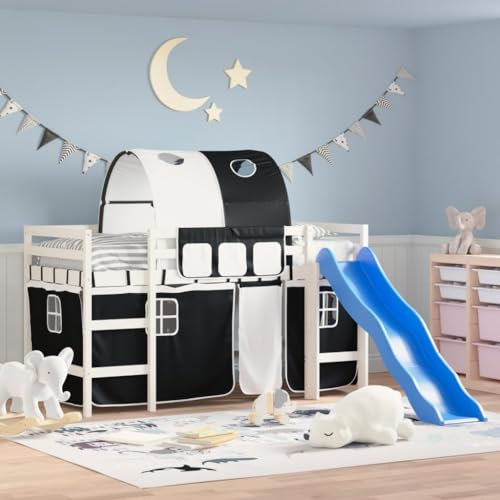 BAZZI Kinderhochbett: Mit Tunnel, Weiß und Schwarz, Maße 90 x 200 cm, Aus Kiefernholz, Perfekt als Etagenbett, Kleinkindbett, Einzel-Hochbett, Kinderbett oder Jugendbett