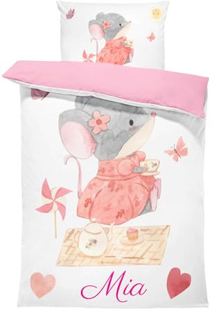 Pictogogo Personalisierte Baby Bettwäsche mit süßem Mäusemotiv - 100x135cm, Wählbare Unterfarbe aus Baumwolle, Kinderbettwäsche, Bettwäsche Mit Namen, Babybett Komplett Set Mit Reißverschluss