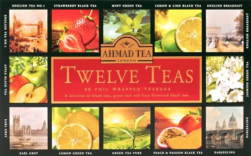 Ahmad Tea - Twelve Teas - Surtido de 12 tipos de té negro y té verde con diferentes sabores - 60 bolsitas de té envueltas individualmente, selladas con aroma y con cinta, 120g de té