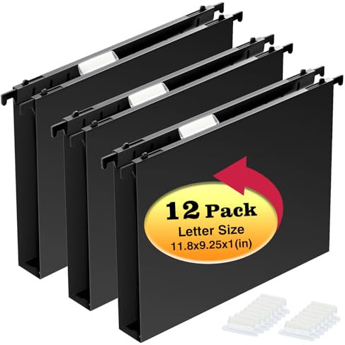 Extra Capacity Plastic Hanging File Folders,12 Pack Reinforced Hang Folder,Heavy Duty 1 Inch Expansion,Filing Cabinet Folders Letter Size for Bulk Files/Medical Charts (No Sealed, Black)