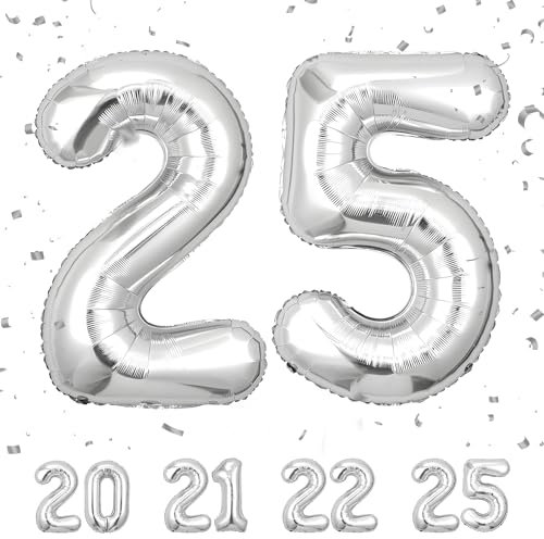 25 Geburtstag Deko zahlen luftballon 25 jahre | Folienballon Sliber - für 25. Geburtstagsdeko Männer Frauen Ballon Zahl Deko zum Geburtstag fliegt mit Helium 25.Geburtstagsparty 40-101cm
