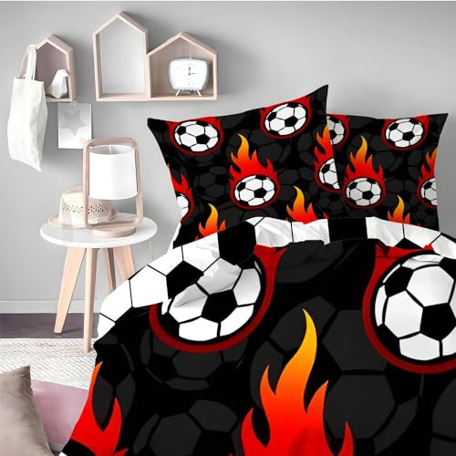Syhi Mdse Bettwäsche 135x200 Sport Fußball - Kinderbettwäsche Wendebettwäsche Schwarz Rot aus 110gms Mikrofaser - Bettbezug 135x200 & Kissenbezug 80x80 cm - Junge Teenager
