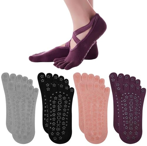 Leikedun 4 Pares Comodos Calcetines Yoga Calcetines de Cinco Dedos Separados, Correas Calcetines de Yoga Dedos Separados Yoga Socks para Fitness Pilates Yoga