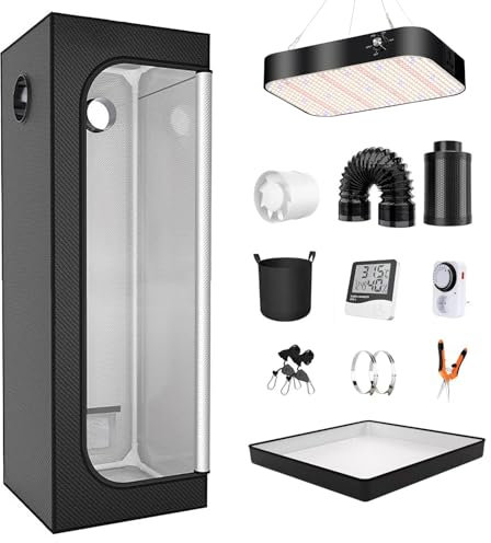 EECVKKY Growzelt Komplettset mit LED Dimmbarer Vollspektrum Grow Lampe, 600D-Oxford-Canvas, Hydroponics Growing Tent Set mit Ventilator, Abluft Aktivkohlefilter 40 * 40 * 120cm/15.7 * 15.7 * 47.2in