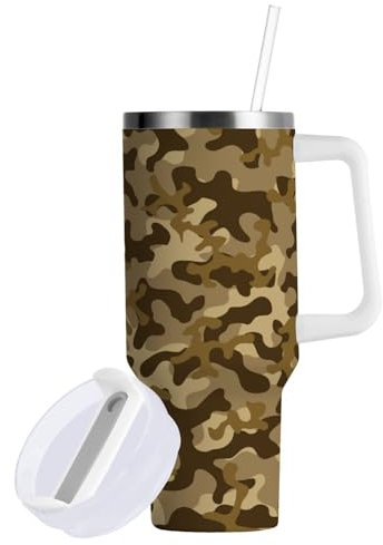 Boccsty Thermobecher, Militär, Soldat, Camouflage, wiederverwendbar, Edelstahl, 1,2 l, Kaffeebecher, Reisebecher, Wasserflasche mit Griff und Strohhalm für Zuhause, Büro, Auto