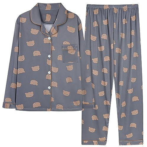 Generico Pigiama Aperti Davanti Pigiama da Donna Autunno e Inverno Manica Lunga Gilet con Risvolto Pantaloni Taglie Forti Servizio a Domicilio Pigiama Tamburino (Dark Gray, XXL)