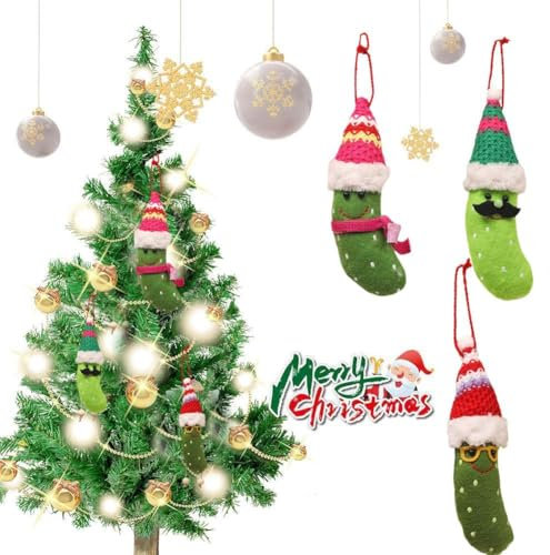 Weihnachtsgurke in Weihnachtsmannmütze, verstecken Sie die Gurke, grüne Plüsch-Einlegungen, Ornamente für Weihnachtsbaum, hängende Bananen-Weihnachtsdekorationen, Innen-Auto-Dekoration (3 Stück)