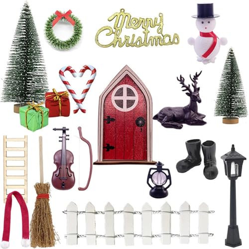 JSTHHTT 22 Pezzi Porta degli Elfi di Natale, Kit Porta dell Elfo Gnomo di Natale, Decorazioni Casa di Natale, con Ghirlanda di Natale, Mini Albero Natale, Scopa, Stivali, Scala