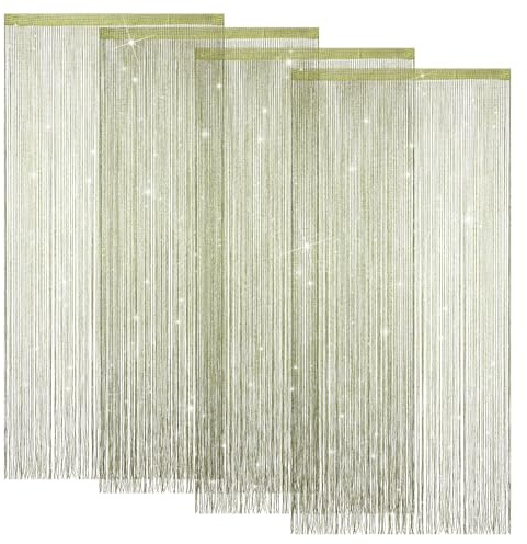 4 Stück Glitzer Fadenvorhänge Tür Perlen Vorhänge 39 x 79 Zoll Hängende Fransen Hippie Raumteiler Tür String Vorhang Boho Türen Quaste für Türen, Fenster, Schrank, Privatsphäre Dekor (Grün)