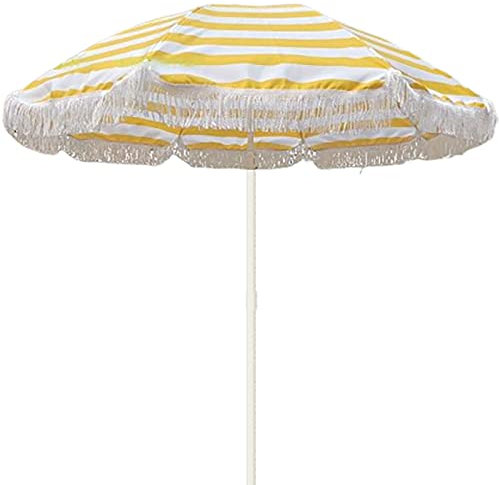 1.6m Yellow White Striped Patio Parasol with Tassel Foldable Beach Umbrella for Garden and Outdoor Use