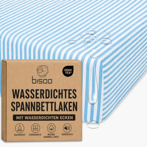 Bisoo Zauberlaken Spannbettlaken 55x90 Streifen für Beistellbett Babybett | Laken und Matratzenschoner in einem Stück, Ersparnis, Wasserdicht, Atmungsaktiv, Geräuschlos, Baumwoll-Jersey Oeko-Tex