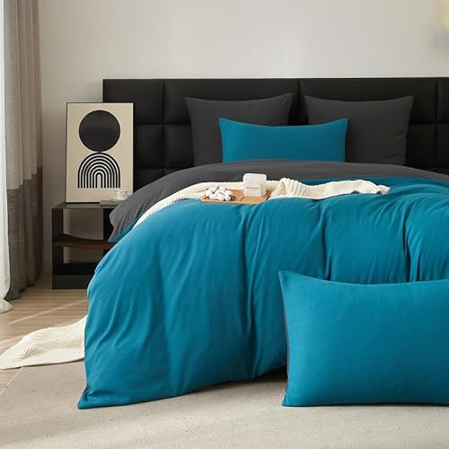 Boqingzhu Baumwolle Bettwäsche 135x200cm Türkis Petrol Blau Grau Einzelbett Weich Renforce Wende Baumwollbettwäsche Bettbezug 135x200cm und 1 Kissenbezug 80x80cm mit Reißverschluss