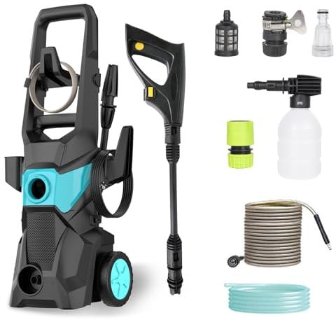 Hidrolimpiadora Máximo 135Bar, Limpiador de Alta presión, 1500W, 450L/H, Manguera de 1,8M + 10M y Acoplamiento Rápido, Jarra de Espuma, Cable Eléctrico de 1,5M, Casa, Jardín o Coche
