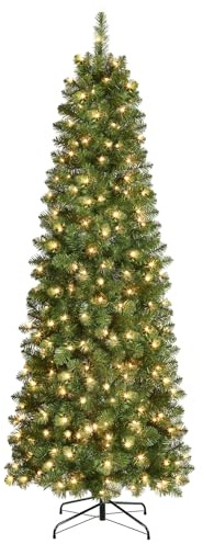 SHareconn 7.5ft Artificial Slim Pencil Christmas Tree,With 829 Branches Tips, 300 Warm White and Foldable Metal Stand, Christmas Decorations for Home, Green