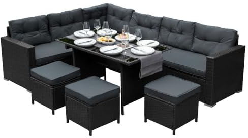 Sitzgruppe Lounge Gartenmöbel Sitzecke Rattan Polyrattan Gartengarnitur Schwarz Ecksofa Hocker Tisch mit Glasplatte UV-Schutz Wasserdicht Graue Sitzkissen Rückenkissen Garten GRATIS Regenshutzhülle