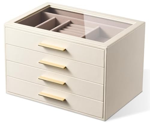 Schmuckkästchen-Organizer: 4-stöckiges schmuck kiste mit Glasfenster, Weiß | elfenbeinfarbenes Leder mit rosa Samt, Halterungen für Ringe, Halsketten, Armbänder und Uhren, tolles Geschenk für sie