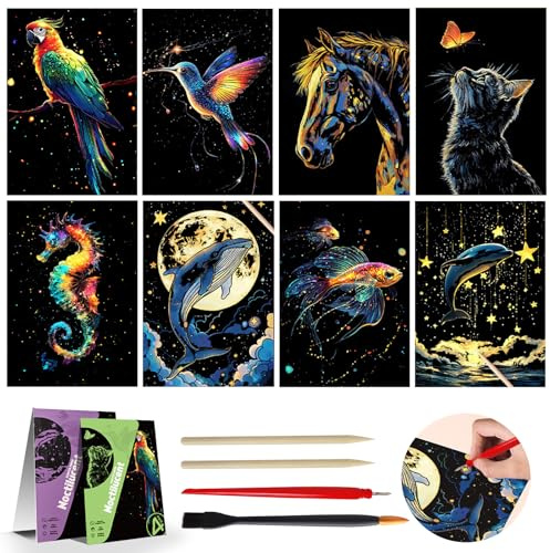 Cosysparks Kratzbilder für Kinder Erwachsene, 8 Stück Glow in The Dark Animal Scratch Art Paper Kreative Kratzermalerei-Kits mit 4 Stück Werkzeugen