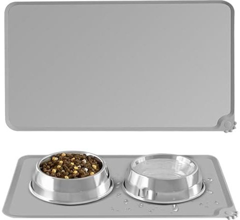 Cat & Dog Feeding Mat, Waterproof Silicone Pet Food Mat, Non-Slip Easy-to-Clean Pet Feeding Placemat for Dogs & Cats (Grey)