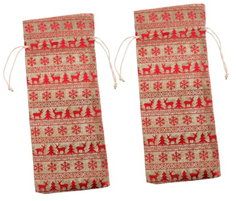 GANAZONO 2Pcs Christmas Wine Bottle Drawstring Bags Red Reindeer Design Wine Storage Pouches Bags for Holiday Parties and Presents