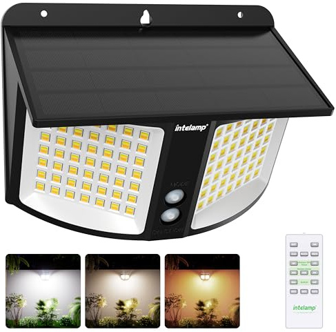 INTELAMP Solar Wandleuchte Außen mit Bewegungsmelder, 3 Farbtemperaturen | Fernbedienung mit Timer & Farbwechsel, 196 LEDs, 4000mAh Akku, 1200lm, Solarleuchte mit Bewegungsmelder für Zaun, Garten